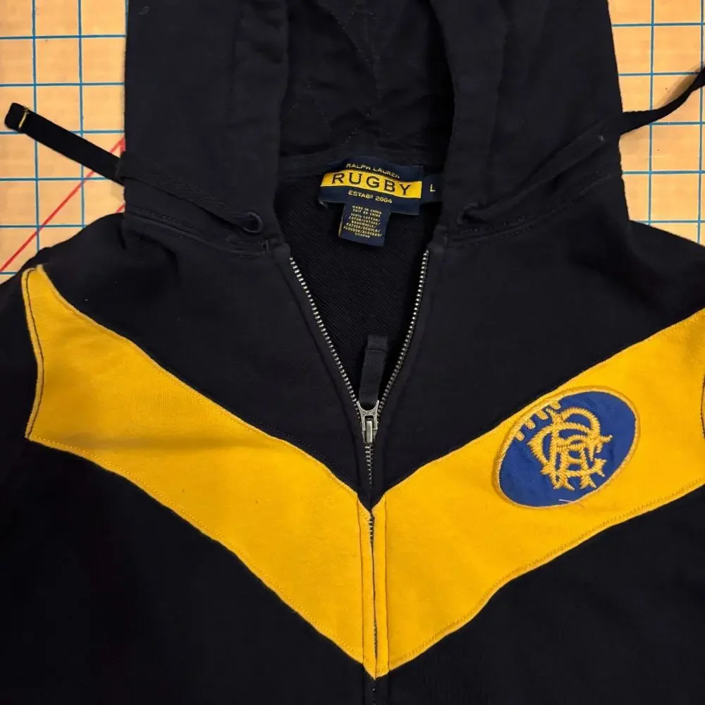 Rugby Ralph Lauren Navy Yellow Chevron Zip Hoodie Size L Vintage 2004 - Picture 6 of 7